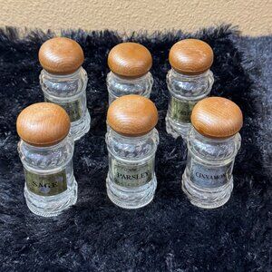 Vintage Glass Spice Jars Set Of 6 With Wooden Lids & Gold Embossed Labels
